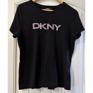 DKNY Black T Shirt With Silver 3D DKNY‎ Print Light Fabric And Stretch Size M